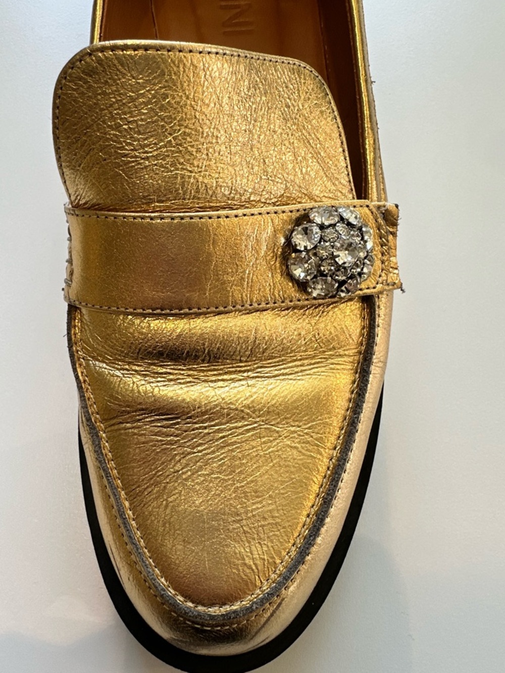 GANNI Gold Metallic Loafers Crystal Embellished Leather Size 39 - Picture 4 of 10